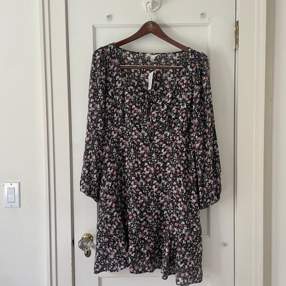 Lucky Brand Printed Flouncey Mini Dress 3/4 Sleeved Black Floral NWT Size L - Picture 2 of 10